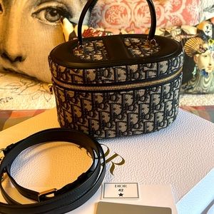 Authentic Christian Dior, vanity case, blue logo Jacquard and leather w strap